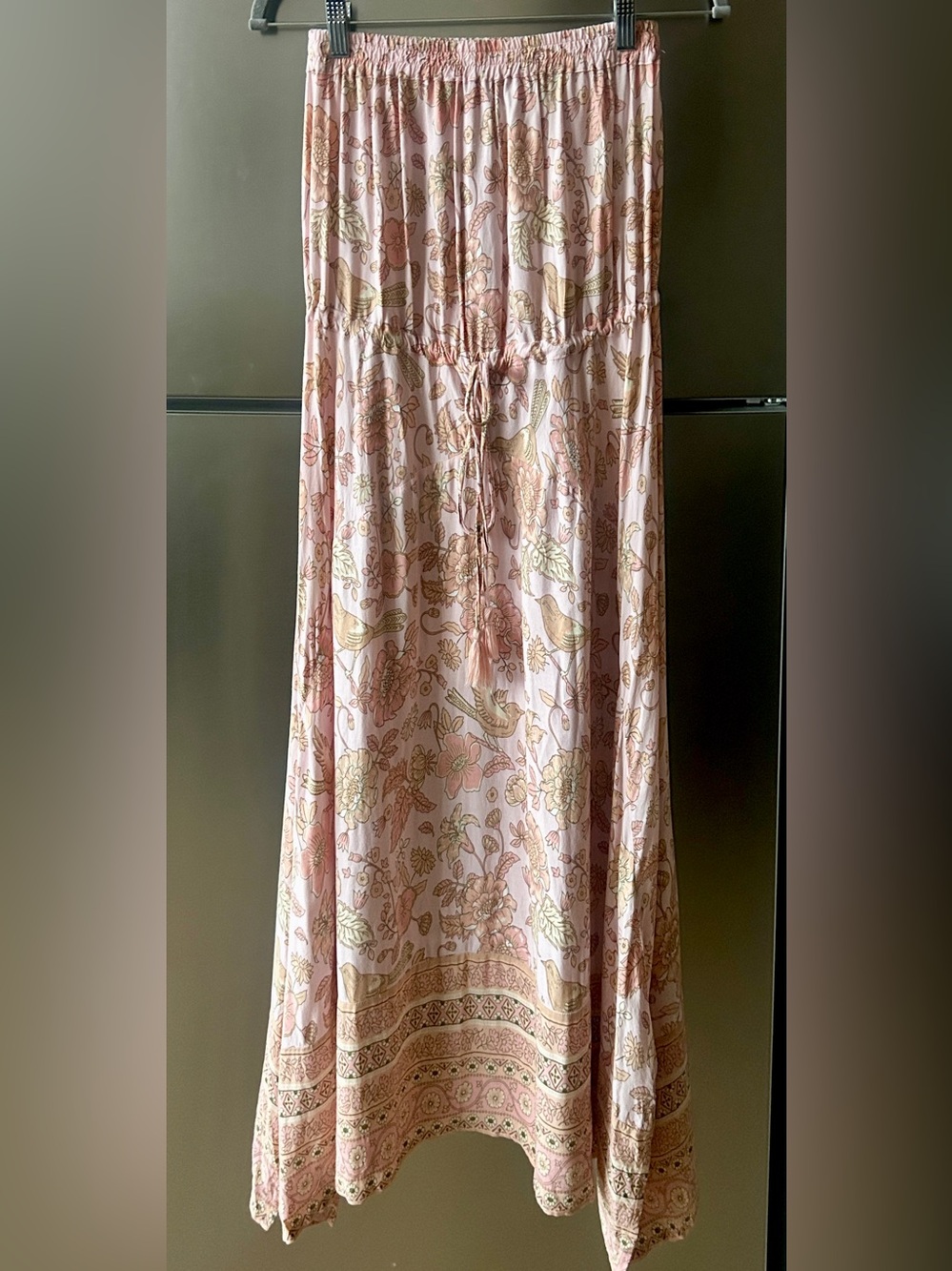 Boho Strapless Maxi Dress Floral Bird Print Blush Pink M